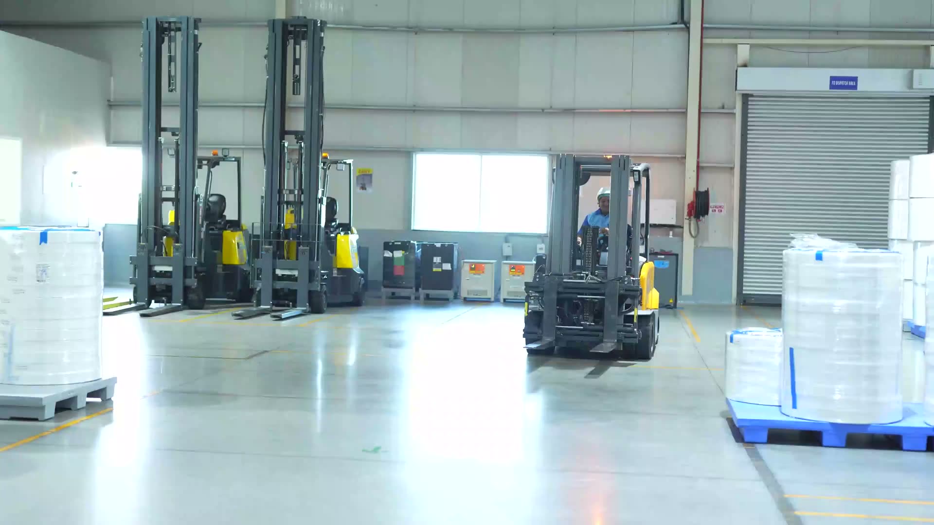 Forklifts moving pallets in a warehouse (licensed stock footage)